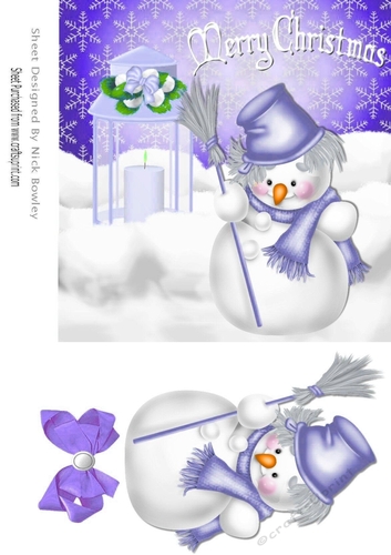 Snowman with lantern & purple bow 7x7