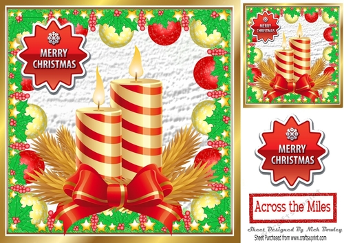 Christmas striped candles with bow in bauble frame 8x8