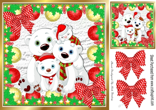 family of polar bears with red/white polkadot bows in bauble frame 8x8