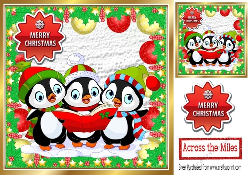 trio of carol singing penguins in bauble frame 8x8
