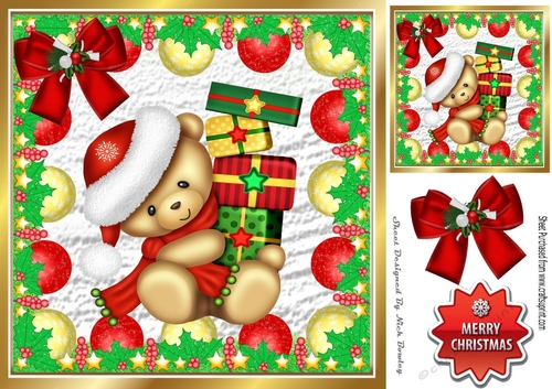 teddy in santa hat with presents in a bauble frame 8x8