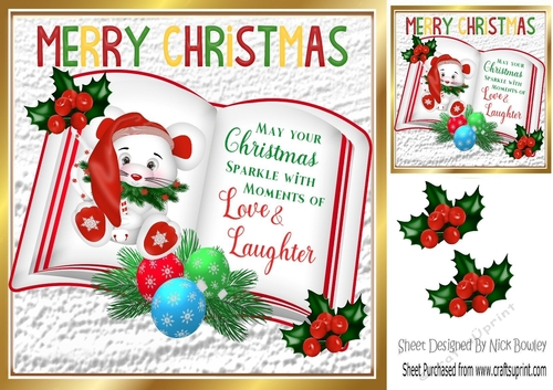 Cute mouse in santa hat on a book with verse & holly 8x8