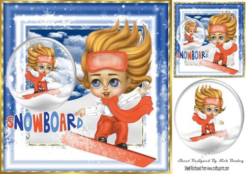 Boy on snowboard in orange having fun in the snow 8x8