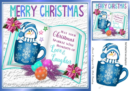 open book with verse, penguin in a cup with poinsettias 8x8