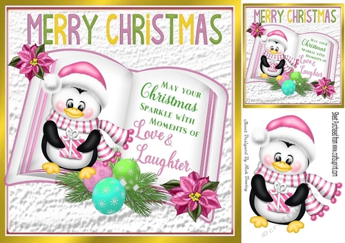 open book with verse, penguin in a scarf with pink poinsettias 8x8