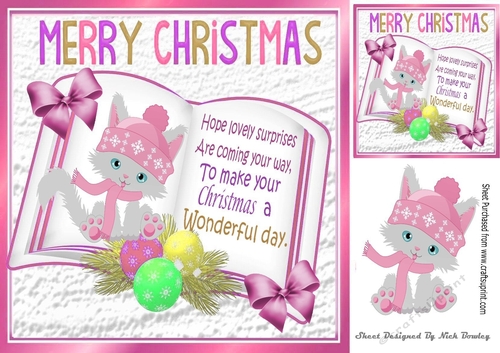 open book with verse and a cute kitten in pink hat 8x8