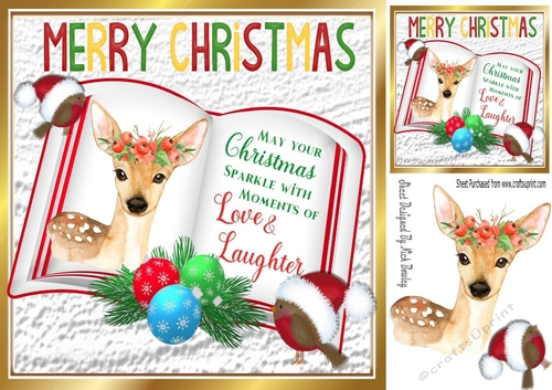 open book with verse and a cute deer with robins 8x8