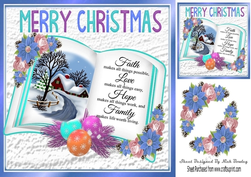 open book with verse and a pretty snowscene with poinsettias 8x8