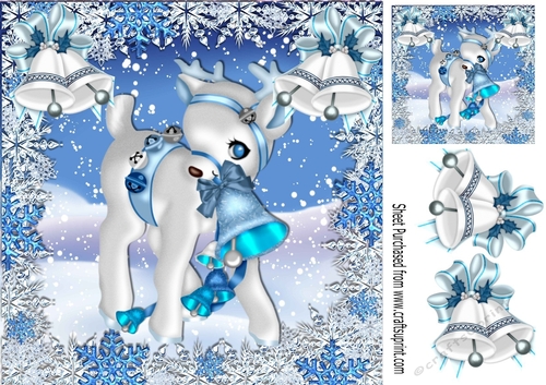 Cute deer in blue snow flake frame with bells 8x8