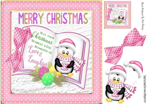 Pink polkadot frame with open book and penguin 8x8