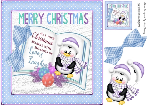 blue polkadot frame with open book and penguin 8x8