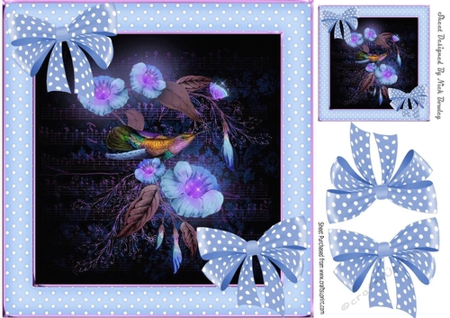 Pretty glow in the dark bird with flowers and polkadot blue bows 8x8