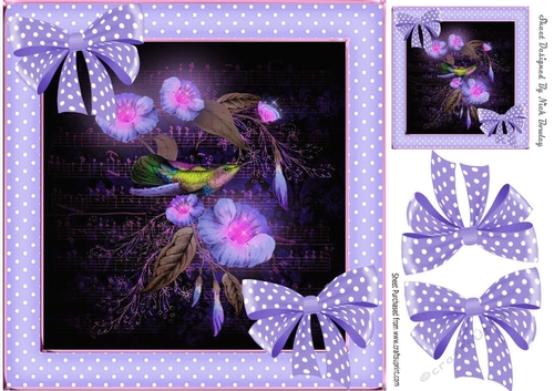 Pretty glow in the dark bird with flowers and polkadot purple bows 8x8