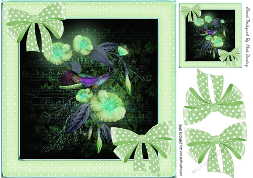 Pretty glow in the dark bird with flowers and polkadot green bows 8x8