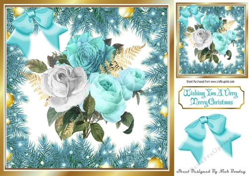 Pretty turq/white winter roses in bauble and fern frame 8x8