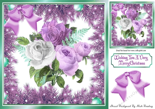 Pretty lilac/white winter roses in bauble and fern frame 8x8