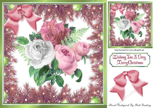 Pretty pink/white winter roses in bauble and fern frame 8x8