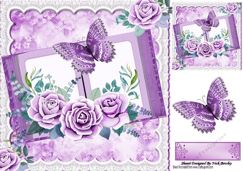 Pretty open book with lace and lilac roses with butterfly card front 8x8
