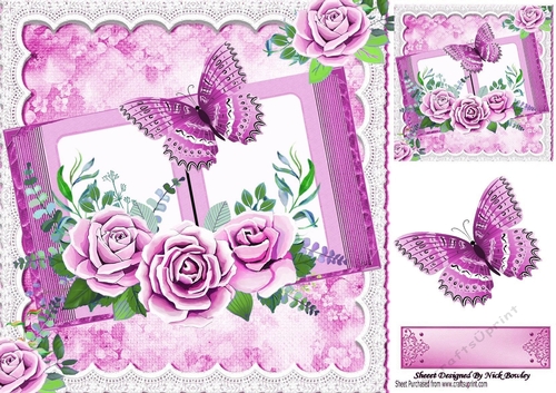 Pretty open book with lace and pink roses with butterfly card front 8x8