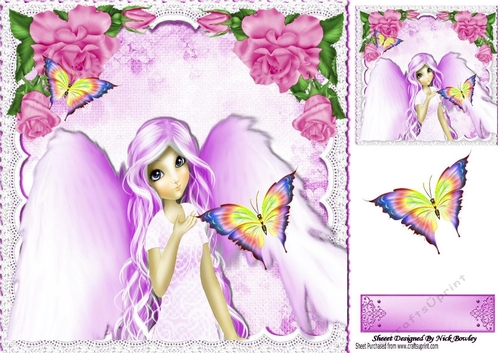 Pretty fantasy angel with butterflies and pink roses 8x8