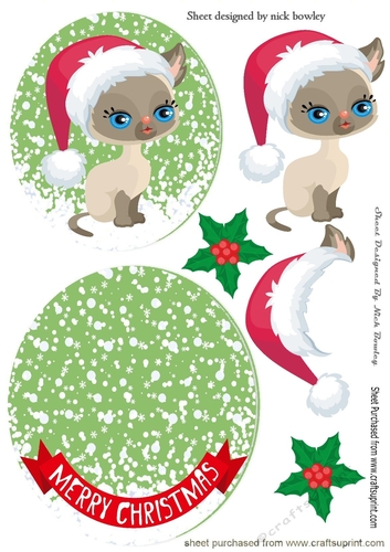 Cute water colour siamese cat in santa hat rocker card