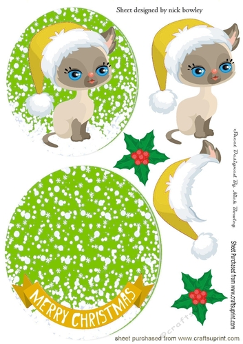 Cute water colour siamese cat in gold santa hat rocker card