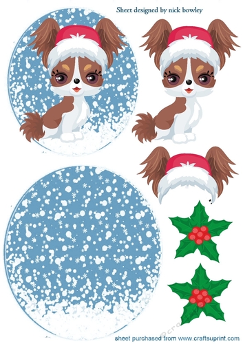 Cute water colour papillon puppy in red santa hat rocker card