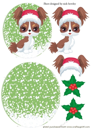 Cute water colour papillon puppy in red santa hat rocker card (green