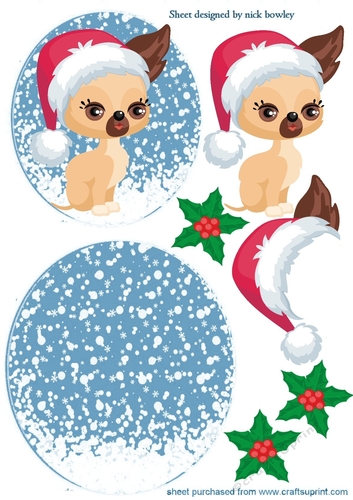 Cute water colour chichuhua puppy santa hat rocker card (blue)