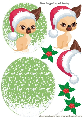 Cute water colour chichuhua puppy santa hat rocker card (green)