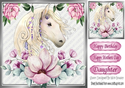 Beautiful water colour horse with flowers 8x8