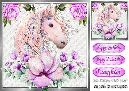 Beautiful water colour horse with lilac flowers 8x8