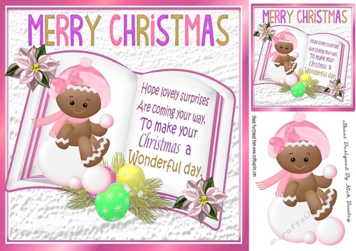 open book with verse and a ginger bread girl sat on a snowball 8x8