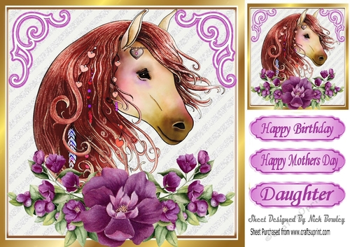 Beautiful water colour horse with purple flowers scroll corners 8x8