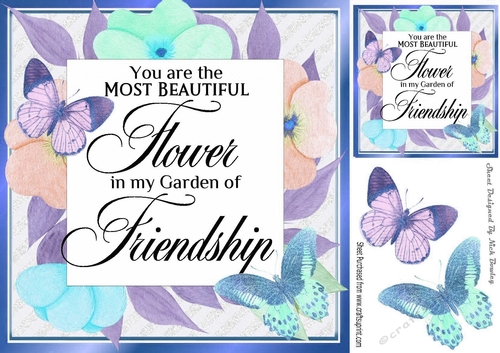 Pretty floral frame with FRIENDSHIP Verse with blue butterflies card front 8x8