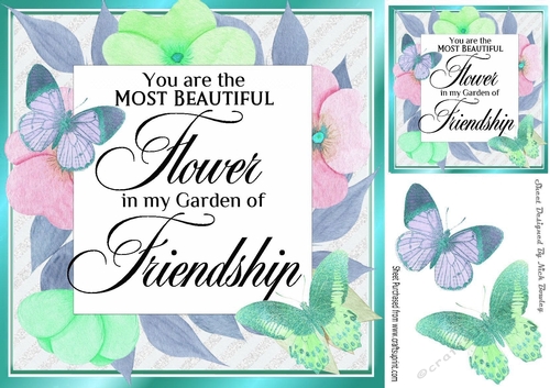 Pretty floral frame with FRIENDSHIP Verse with turq butterflies card front 8x8