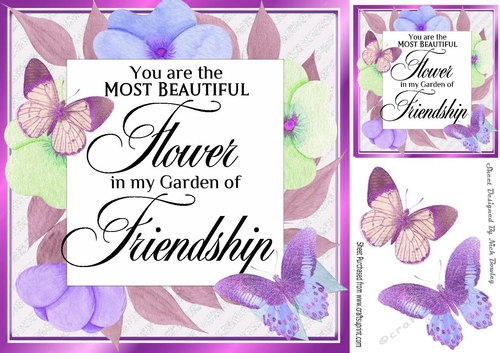 Pretty floral frame with FRIENDSHIP Verse with purple butterflies card front 8x8
