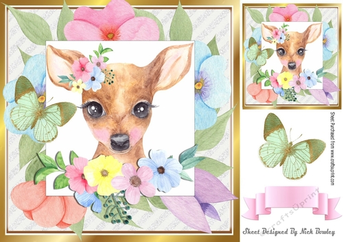 sweet water colour deer in flower frame with butterfly 8x8