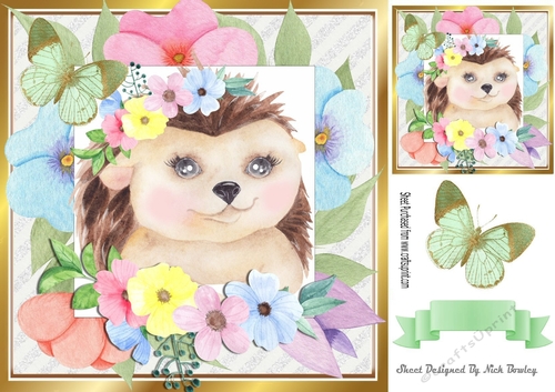 sweet water colour hedgehog in flower frame with butterfly 8x8