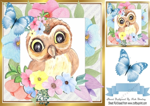 sweet water colour owl in flower frame with butterfly 8x8