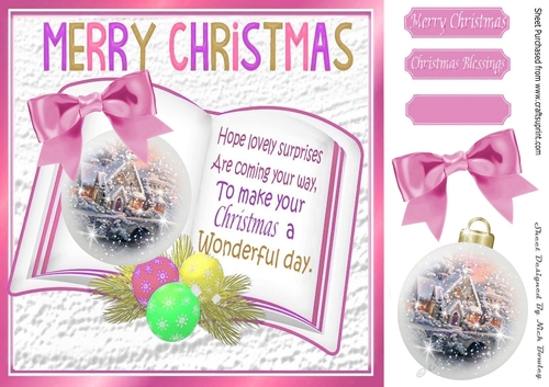 Pretty snow cottage bauble on open book with pink bow 8x8