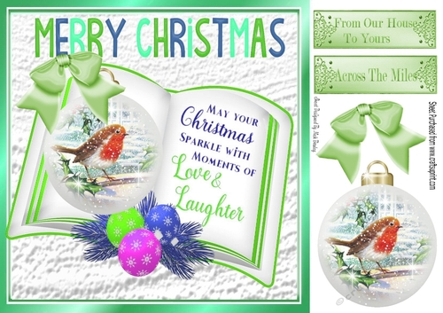 Pretty robin in a bauble on open book with green bow 8x8
