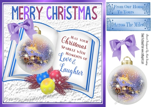 Pretty snow cottage bauble on open book with purple bow 8x8