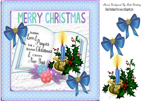 Pretty open book with candles and verse with blue bows 8x8
