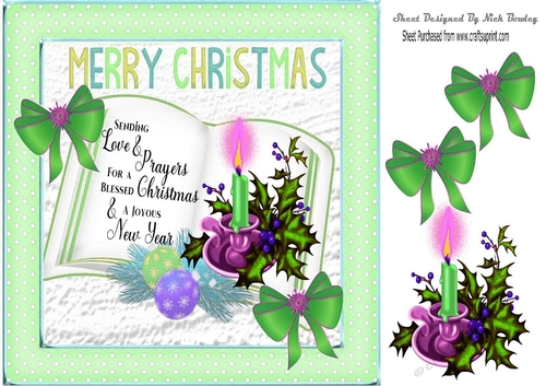 Pretty open book with candles and verse with green bows 8x8