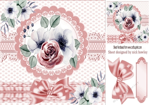 Pretty water colour flowers with border and bow 8x8