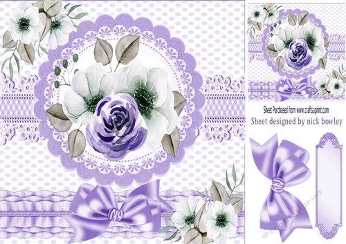 Pretty water colour flowers with border and purple  bow 8x8