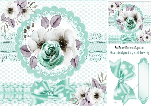 Pretty water colour flowers with border and turq  bow 8x8