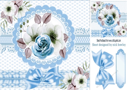 Pretty water colour flowers with border and blue  bow 8x8