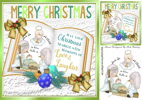 Pretty jesus  in a crib on a open book with gold bow 8x8